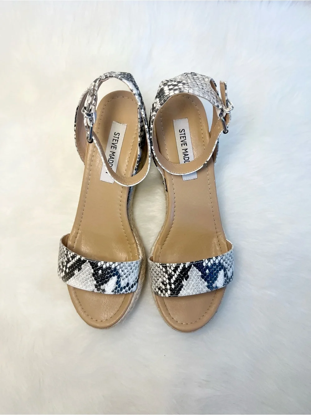 Steve Madden Jewel White Snake Print Espadrille Wedge Sandals